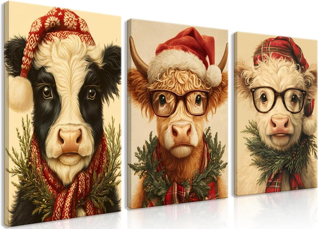 Christmas Canvas Wall Art Set of 3, Unique Highland Cow Pictures Navidad Decor, Winter Holiday Home Decoracion, Rustic Funny Animal Paintings, Farmhouse Christmas Prints for Bathroom 16x24 Inch