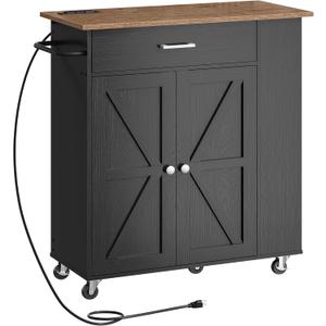 CHOEZON Kitchen Island Cart with Storage, Bar Cart with Charging Station, Kitchen Island on Wheels, Rolling Mobile Table with Cabinet, 3 AC Outlets, Black and Walnut MZD04UBL, 29.9"L x 15"W x 34.1"H