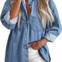 Astylish Women Denim Shirts Button Down Blouse V Neck Casual Tops (XX-Large, Beau Blue)