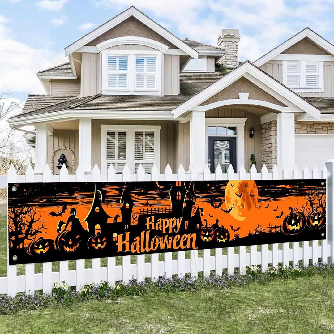 Halloween Decorations Outdoor Yard Banner Happy Halloween Banner Pumpkin Fence Backdrop 118x20 Inch Haunted House Moon Bat Scene Gothic Outdoor Yard Sign for Garden Porch Party Wall