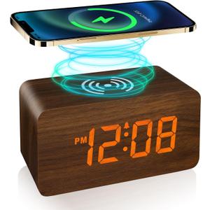 CLEVER BRIGHT Wooden Digital Alarm Clock with Wireless Charging, Dimmable, Adjustable Volume, Alarms, Digital Clock for Bedroom, Bedside, Office Wood LED Clock for Bedroom (Brown)