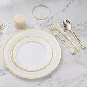 BESTVIP 450PCS Gold Dinnerware Set for 75 Guests, Plastic Plates for Party, 75 Gold Disposable Plates, 75 Dessert Plates, 75 Cups, 75 Spoons, 75 Forks and 75 Knives