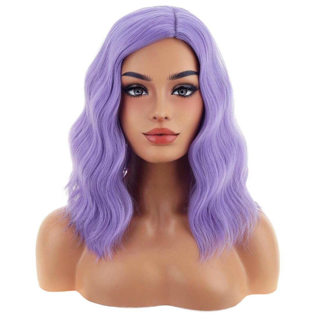 BERON Purple Wig Short Wave Bob Wig Lavender Purple Short Curly Wigs Natural Looking Wigs for Women Daily Party Cosplay Hairnet Include