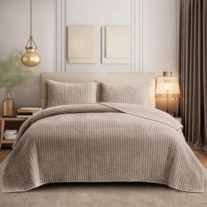 SHALALA Velvet Quilt Queen Size,Striped Bedding Set,Lightweight Velvet Comforter,Luxurious Suede Bedspread and Coverlet with Soft Brushed Microfiber Back for All Season(Light Taupe,Full/Queen)
