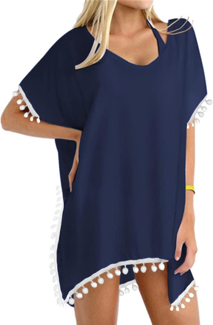 Yincro Womens Swimsuit Pom Poms Beach Bathing Suit Cover Ups for Swimwear(Pom Navy Blue, 1X) 