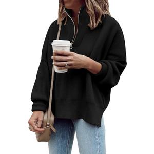 Imily Bela Womens Tunic Sweater Fall Long Sleeve 1/4 Zip Pullover Sweaters Oversized Slouchy Ribbed Knit Sweatshirt with Slit (Large, Black)