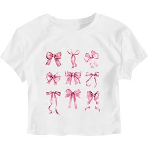RoseSeek Girl's Letter Bow Graphic Tees Short Sleeve Crewneck Cute Shirts for Teen Girls Trendy (White)