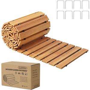 Wooden Garden Pathway Outdoor Walkway - 8 FT Roll Out Outdoor Pathway with Ground Stakes, Boardwalk Pavers for Outside Walkway, Non-Slip Garden Path for Backyard Decor, Lawn Landscaping, Natural