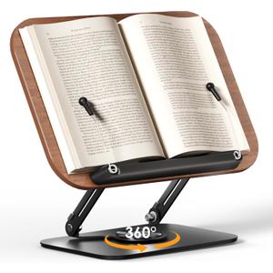 SupeDesk Book Stand for Reading, Adjustable Book Holder with 360 Rotating Bases, Foldable Designs, and Elastic Clips, Multifunctional Display Stand for Recipe, Cookbooks, Magazines, Tablets, Laptops (Dark Wood)