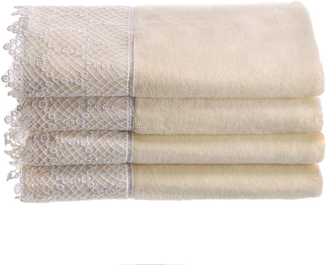 Creative Scents Fingertip Towels for Bathroom (11x18 inches) Towel Set of 4, Soft Velour Finish, Gorgeous Lace Trim, 100% Cotton, Machine Washable, Perfect for Guest Bathroom! (Cream,Ivory)
