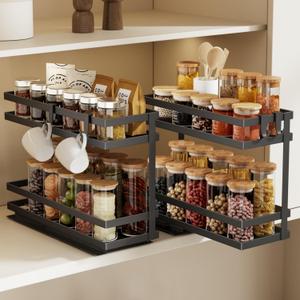 Magheo Pull Out Spice Rack Organizer for Cabinet, 2 Pack Metal Seasoning Organizer Slide Out Spice Storage Shelf No Assembly Vertical Spice Rack Pullout for Kitchen & Bathroom No Drill(2 Tier, Black)