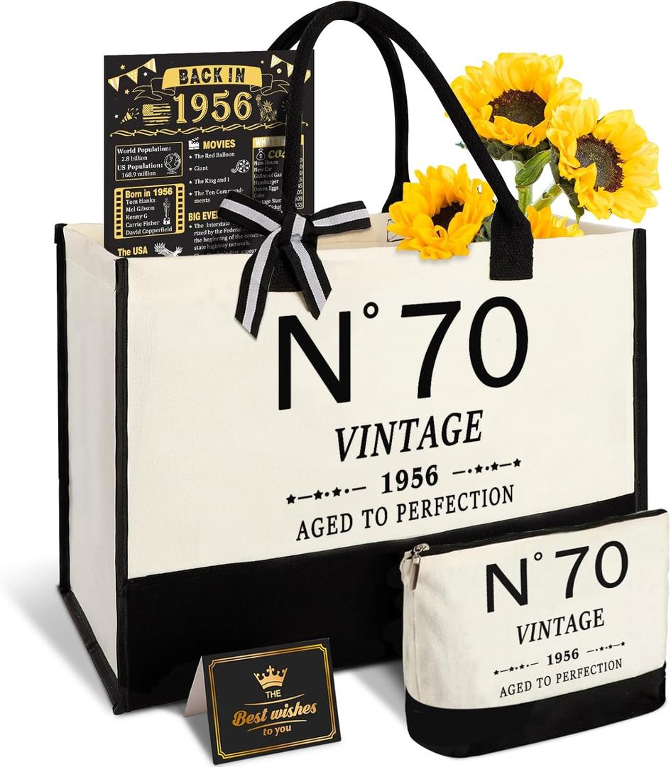 YeohJoy 70th Birthday Gifts for Women Canvas Tote Bag Travel Gear, Unique 70 Years Old Gifts for Wife Mom Sister Aunt Friends Her, Vintage N70 Handbag & Cosmetic Bag & Back in 1956 Poster
