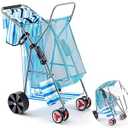 DoubleFill Beach Cart with Big Wheels for Sand Foldable Beach Buggy Wide Wheel Storage Wagon Lightweight Rust Free Aluminum Frame with Body Board Holder Removable Tote for Most Terrain (Blue White)