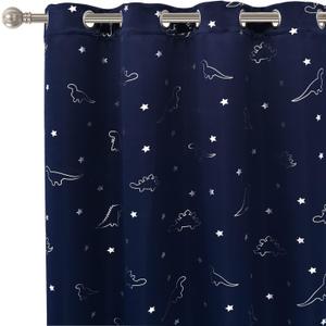 LORDTEX Dinosaur and Star Foil Print Blackout Curtains for Kids Room - Thermal Insulated Curtains Noise Reducing Window Drapes for Boys and Girls Bedroom, 52 x 63 Inch, Navy, Set of 2 Panels