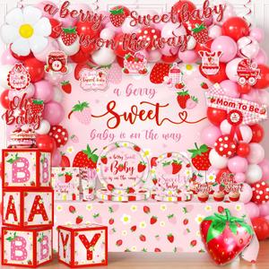Strawberry Baby Shower Decorations, Berry Sweet Baby Shower Decorations with A Berry Sweet Baby Is On The Way Backdrop Cake Topper Strawberry Plates Balloon Arch Box for Baby Girl