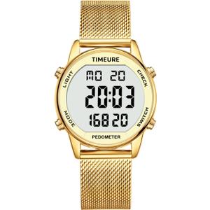 Women's Step Counter Pedometer Watch with Stainless Steel Bracelet, Stylish Design, No App, No Charging Needed for Step, Calorie, Distance, Alarm, Countdown Timer (Gold)