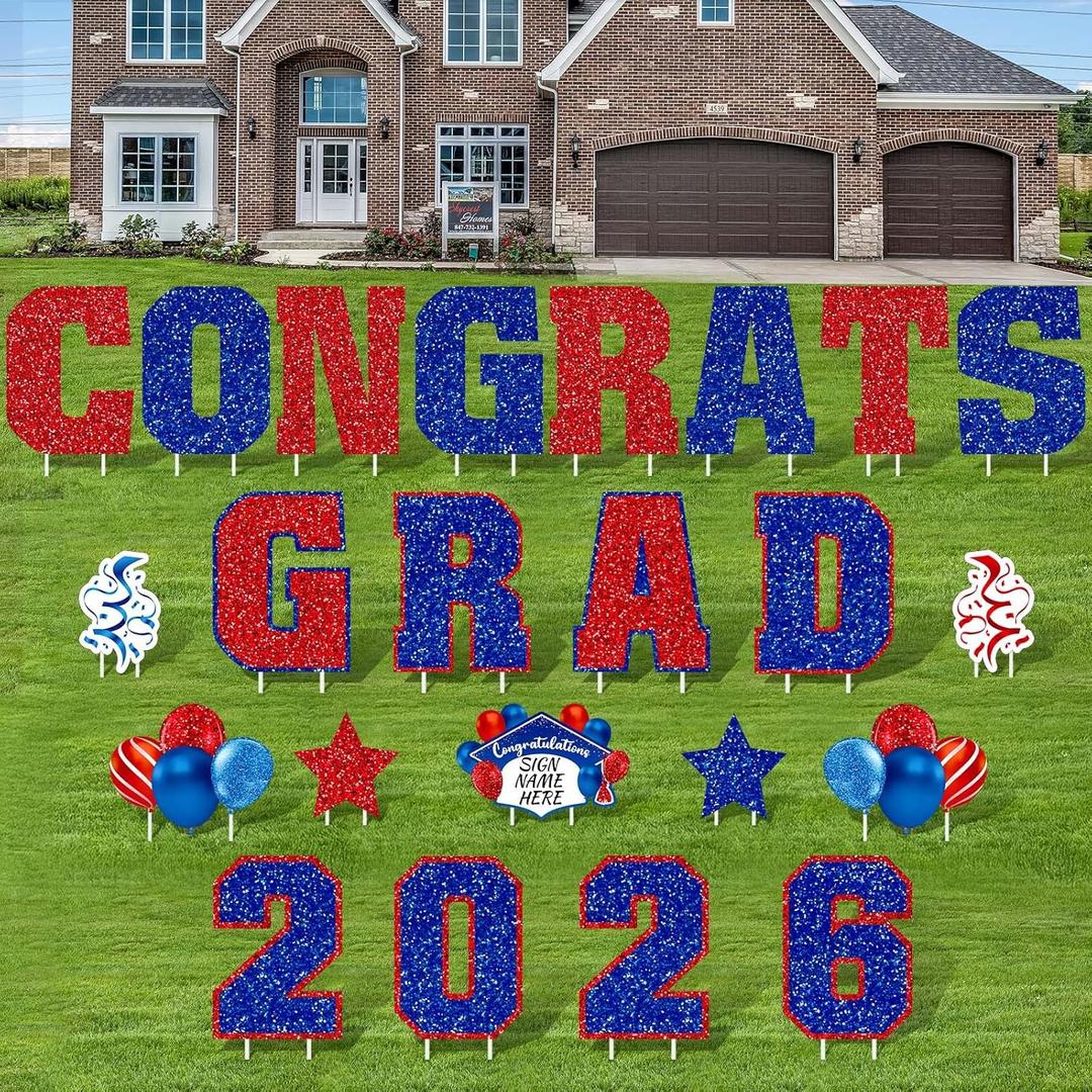 Chunful 23 Pcs 2026 Graduation Yard Sign Decorations,Blue and Red Class of 2026 Congrats Graduation Lawn Signs Large Grad Yard Signs with 46 Stakes for Outdoor Lawn Party Decor Supplies