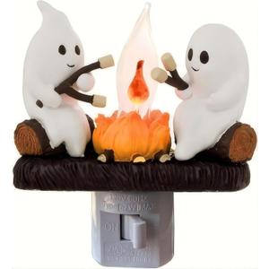 Ghost Campfire Nightlight,Halloween Campfire Flickering Night Light,3D Spooky Fire Marshmallow Night Light for Halloween Decor (Cute Ghost)