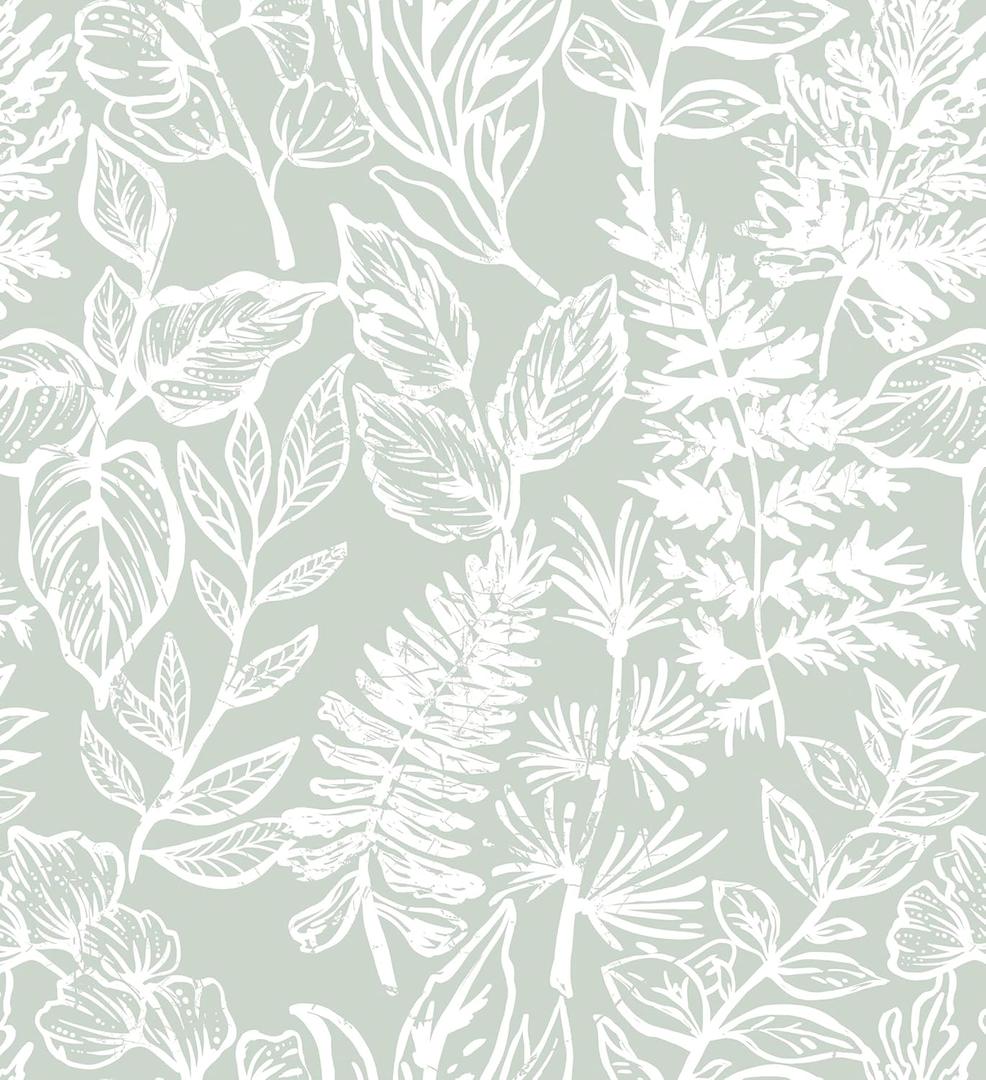 Safiyya Leaf Peel and Stick Wallpaper Sage Green and White Contact Paper Peel and Stick 17.3"x 78.7" Wall Paper Modern Farmhouse Self Adhesive Removable Wallpaper for Bedroom Bathroom Vinyl Roll