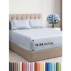 Extra Deep Pocket Queen Sheet Set - 4 Piece Breathable & Cooling Bed Sheets - Hotel Luxury Sheet Set - Ultra Soft, Wrinkle Free & Comfy - Fits Extra Deep Mattresses - Deep Pocket Blue Stripes 2 Sheets