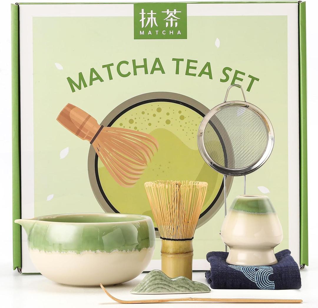 Matcha Whisk Set, 7-Piece Matcha Kit with Green Gradient Round Matcha Bowl, Whisk and Holder, Bamboo Scoop with Stand, Sifter and Tea Towel - Ideal Japanese Ceramic Tea Making Tools for Matcha Lovers