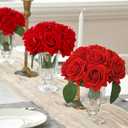 Velvet Roses in Crystal Glass Vase, Artificial Flowers with Vase, Silk Flower Arrangements for Home, Wedding, and Office Décor Table Arrangement Centerpiece, Red