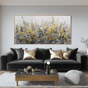 Framed Gold and Grey Abstract Flower Canvas Wall Art 24x48 Inch Textured Floral Painting Modern Decorative Artwork for Living Room Bedroom Office