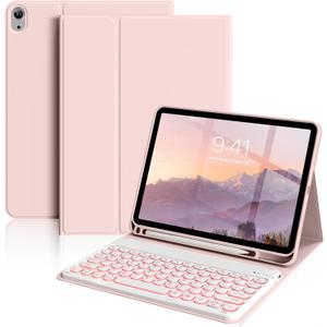 aoub Keyboard Case for iPad (A16) 11th Generation 11-inch 2025, iPad 10th Generation 10.9 inch 2022 with Pencil Holder, 7 Color Backlit Detachable Wireless Bluetooth Keyboard Stand Folio - Pink