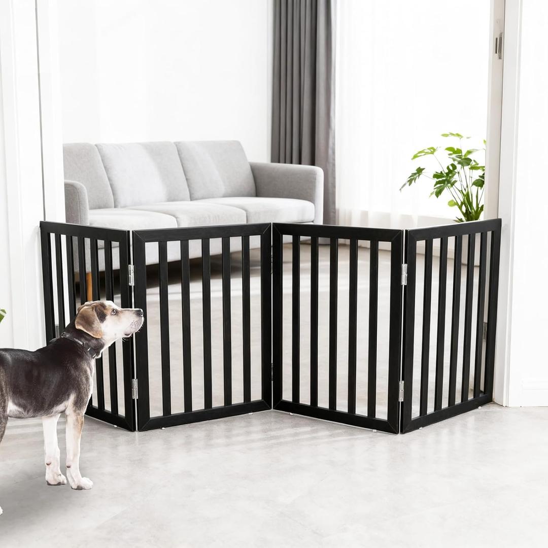 ZJSF Freestanding Indoor Dog Gate for House Foldable Wood Puppy Gate for Doorways Pet Gate for Stairs Extra Wide Pet Fence, Grey, 24" Height 4 Panels, Black