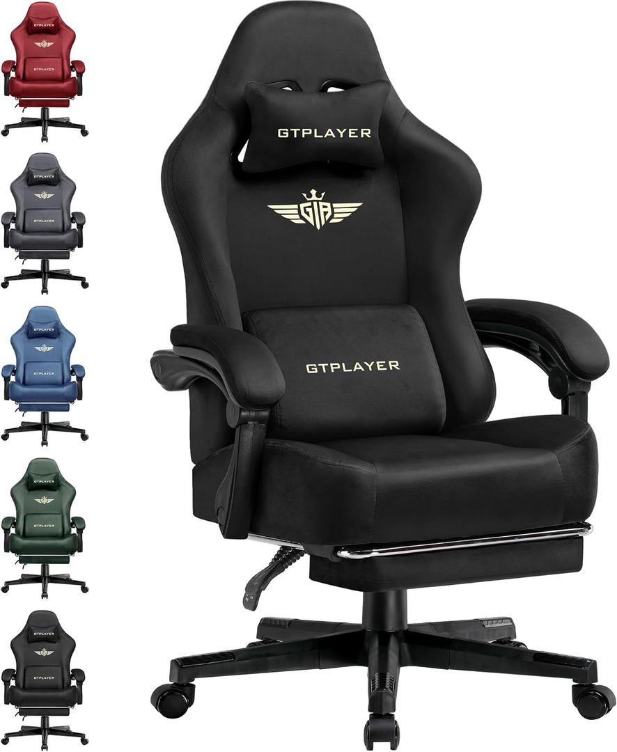 GTPLAYER Big and Tall Gaming Chair Fabric with Pocket Spring Cushion, High Back Ergonomic Computer Chair with Footrest for Adults Lumbar Support Swivel Game Chair for Office Gaming 350LBS, Black