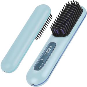 Go Brush Pro - Cordless Hair Straightener Brush Portable Comb for Travel, USB Charging, Fast Heating, with LCD Display (Blue)