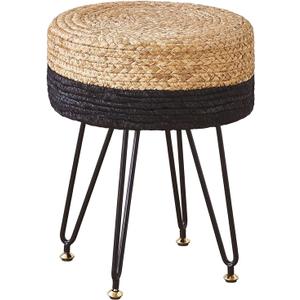 Wimarsbon Ottoman Pouf Handmade Natural Water Hyacinth,Round Footrest with 4 Metal Legs,Vanity Stool for Bedroom,Hallway,Living Room (Natural Water Hyacinth+Black Corn Husk)