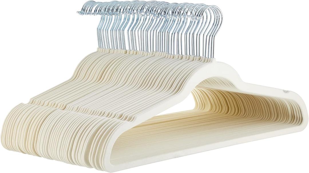 Amazon Basics Slim, Velvet, Non-Slip Sturdy Clothes Hangers, 50-Pack, Ivory/Silver