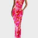 PRETTYGARDEN Womens Summer Wedding Guest Dress 2026 Spring Mesh Sleeveless Bodycon Ruched Floral Holiday Maxi Long Dresses, Size Large