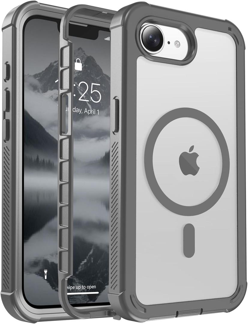 Magnetic for iPhone 16e Case, [Compatible with MagSafe][Military Grade Drop Protection][Heavy Duty Protection][Non-Slip][Shockproof] 2-Layer Durable Bumper Phone Case 6.1''-Gray