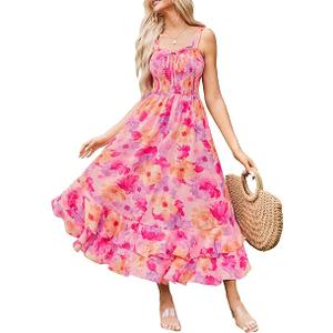 GRACE KARIN Women's 2026 Summer Floral Boho Dress Square Neck Strapped Swing A Line Sundress Beach Long Maxi Outfits Large