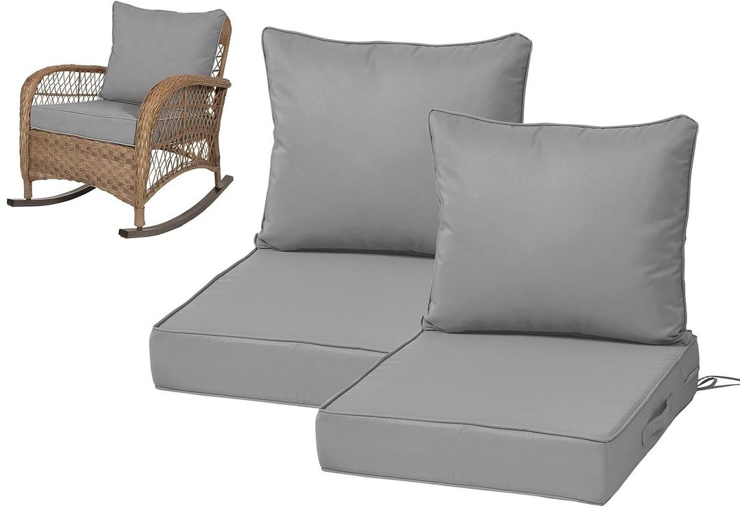 22x22 Inch Patio Chair Cushions Set of 2, Outdoor Furniture Cushions - Removable Cover, Water-Repellent, Fade-Resistant, Non-Slip Bottom & Straps, Replacement for Lawn, Porch & Deck Chair - Light Gray