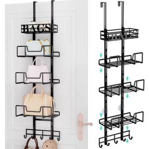 HapiRm Over Door Purse Organizer - Adjustable Purse Storage Rack with Bags Design Metal Basket, Wall Mounted Handbag Organizer, Hanging Handbag Holder, Can Use As 1/2 Part Detachable (5-Tier, Black)