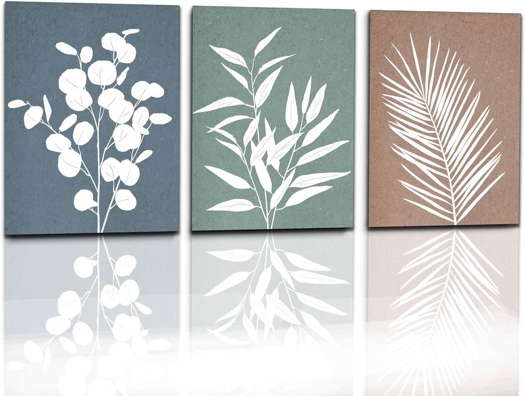 Boho Botanical Wall Art Canvas Plant Wall Decor Set of 3 Minimalist Botanical Prints Rustic Modern Farmhouse Wall Art Eucalyptus Leaves Living Room Home Decor Sage Green, Grey, Beige 12x16 Inch Unframed