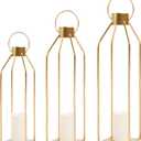 HPC DECOR Modern Farmhouse Lantern Decor- 22''19''16'' Tall Large Gold Metal Candle Lanterns for Home Decor-Lanterns Decorative w/Timer Flickering Candles for Living Room,Outdoor,Fireplace Mantle Decor