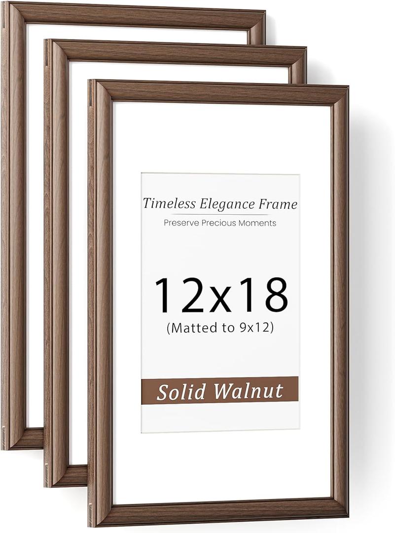 Natural Walnut 12x18 Picture Frames Mat to 9x12 Picture Display Set of 3,Original Wood Handcrafted 12x18 Wooden Certificate Frame with Tempered Glass Graduation Family Wedding Photo Wall Mounted