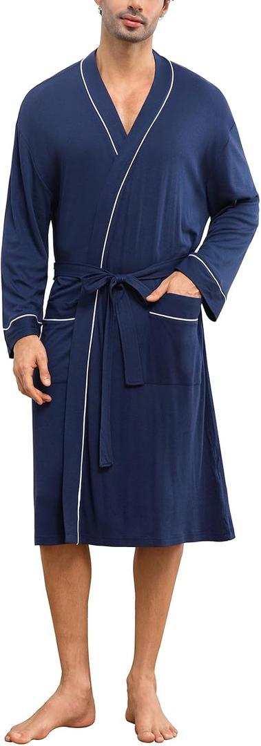 Mens Lightweight Robe Cotton Blend Kimono Bathrobe with Pockets, Soft Breathable Absorbent Loungewear for Home (XXL)
