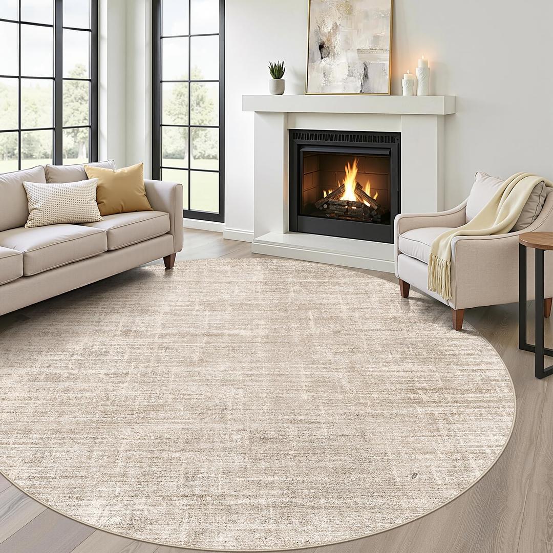LOONGRUG Round Rug 7x7 Washable Neutral Modern Rug for Living Room Beige