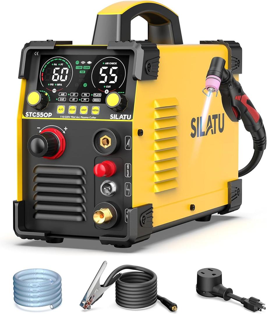 SILATU 55Amps Plasma Cutter, STC550P HF Non-Touch Pilot Arc Plasma Cutter Machine, 110/220V Dual Voltage LED Display Air Sensor Technology, 1/2'' Clean Cut 3/5'' Max Cut, PT/2T/4T for Beginners DIY