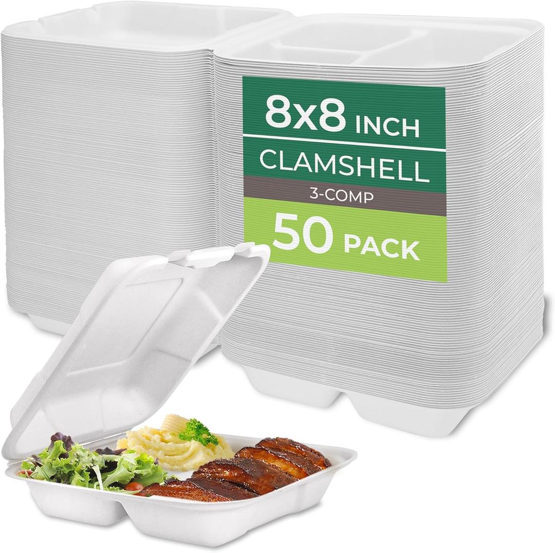 Freshware Compostable Clamshell Food Containers [8x8"] 3-Compartment 50-Pack, Disposable Containers, Biodegradable Sugarcane to Go Boxes - Paper Food Containers - Microwave & Freezer Safe, Stackable