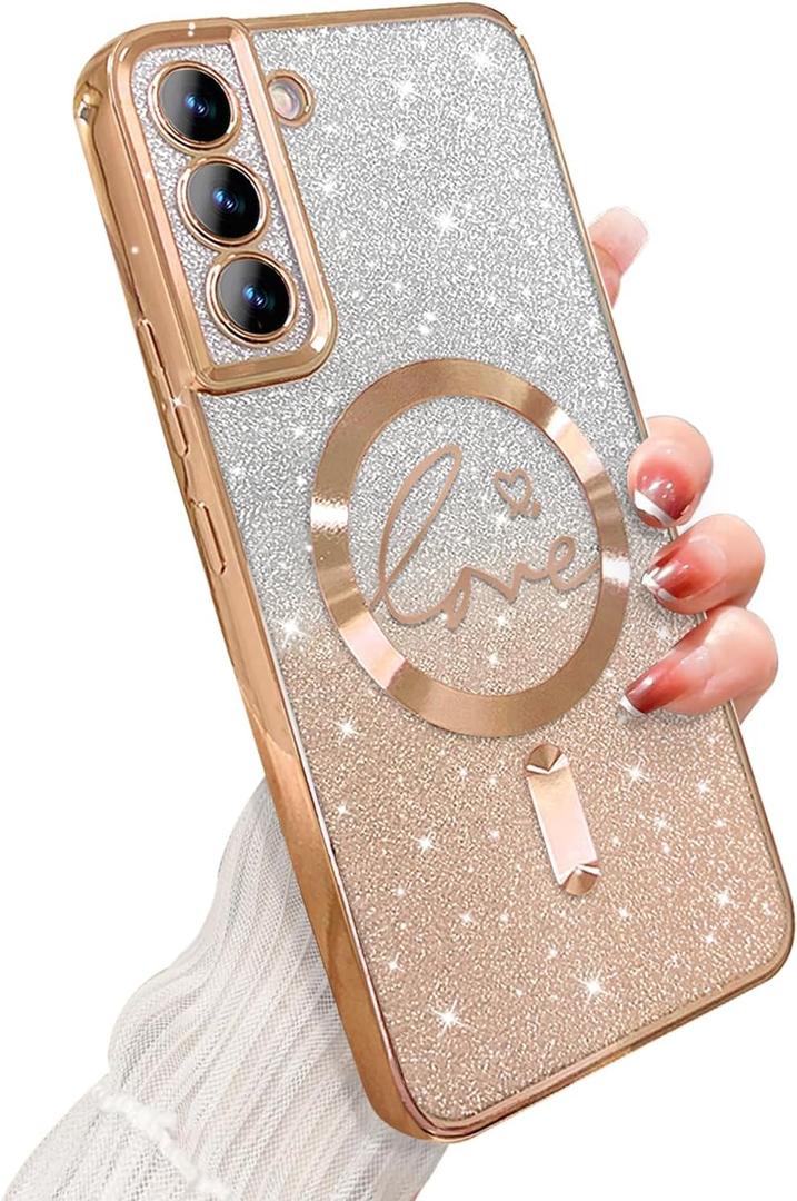 For Samsung Galaxy S21 Case Magnetic,for Women Girl Soft Cute Luxury Love Heart Plating Bling Gradient Glitter Clear Phone Case Compatible with MagSafe Shockproof Back Cover 6.2-Gold