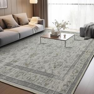 Area Rug for Living Room: 8x10 Washable Vintage Rug for Bedroom Dinning Room Floor - Soft Indoor Low-Pile Thin Carpet Non-Slip - Beige/Ivory