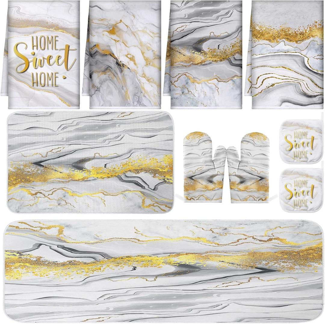 10 Pcs Marble Farmhouse Kitchen Decor Accessories Set Marble Kitchen Dish Towels Rugs Oven Mitts and Pot Holders Sets for Cooking Baking Daughter Mom Gift(White)
