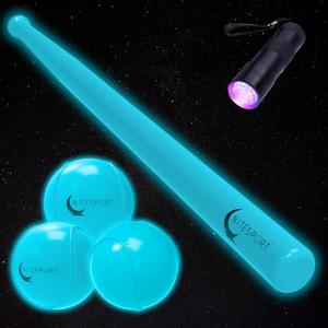 Glow in The Dark Plastic Baseball Bat w/ 3 Glow in The Dark Plastic Baseballs Bundle UV Flashlight Included (Aquamarine), One Size