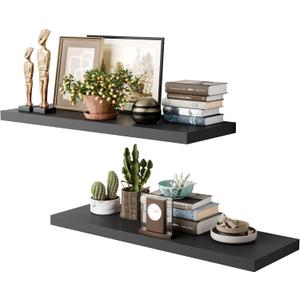 36 Inch Long Floating Shelves for Wall, Black 12 Inch Deep Floating Shelves Set of 2, Wall Shelves for Bathroom Over Toilet, Live Edge Display Shelf with Invisible Brackets for Home Decor
